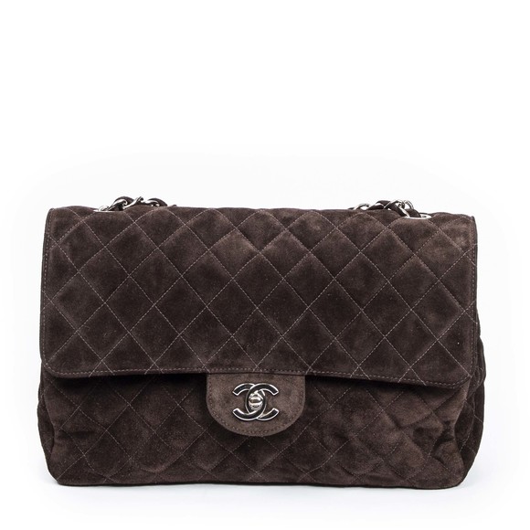 Chanel Medium Classic Single Flap in Dark Brown Quilted Suede Leather
